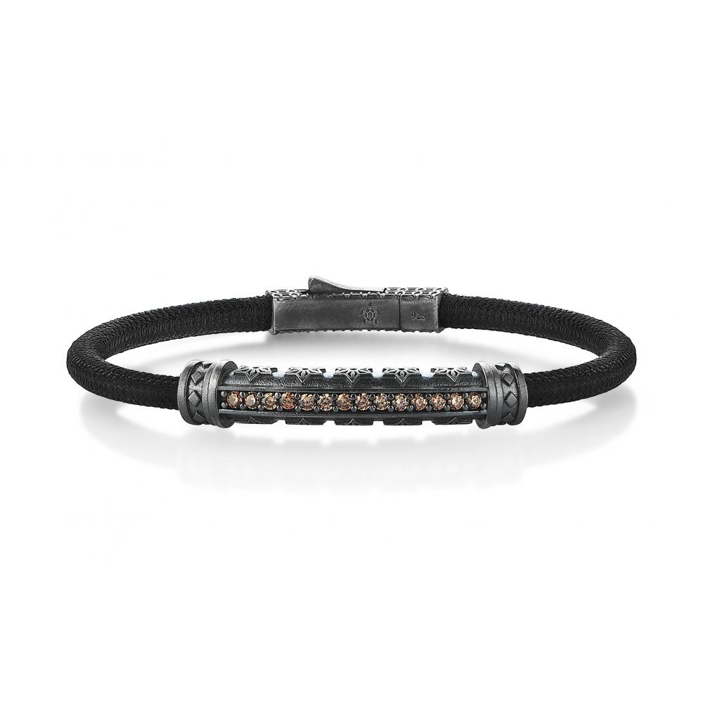 Black Knitted Cord Bracelet in Silver w/ Champagne Cz
