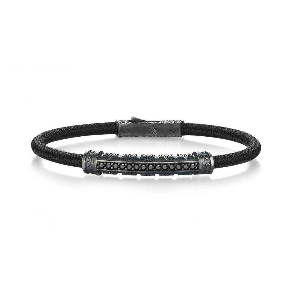 Green Knitted Cord Bracelet in Silver w/ Black Cz