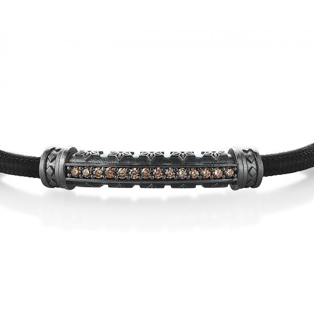Black Knitted Cord Bracelet in Silver w/ Champagne Cz