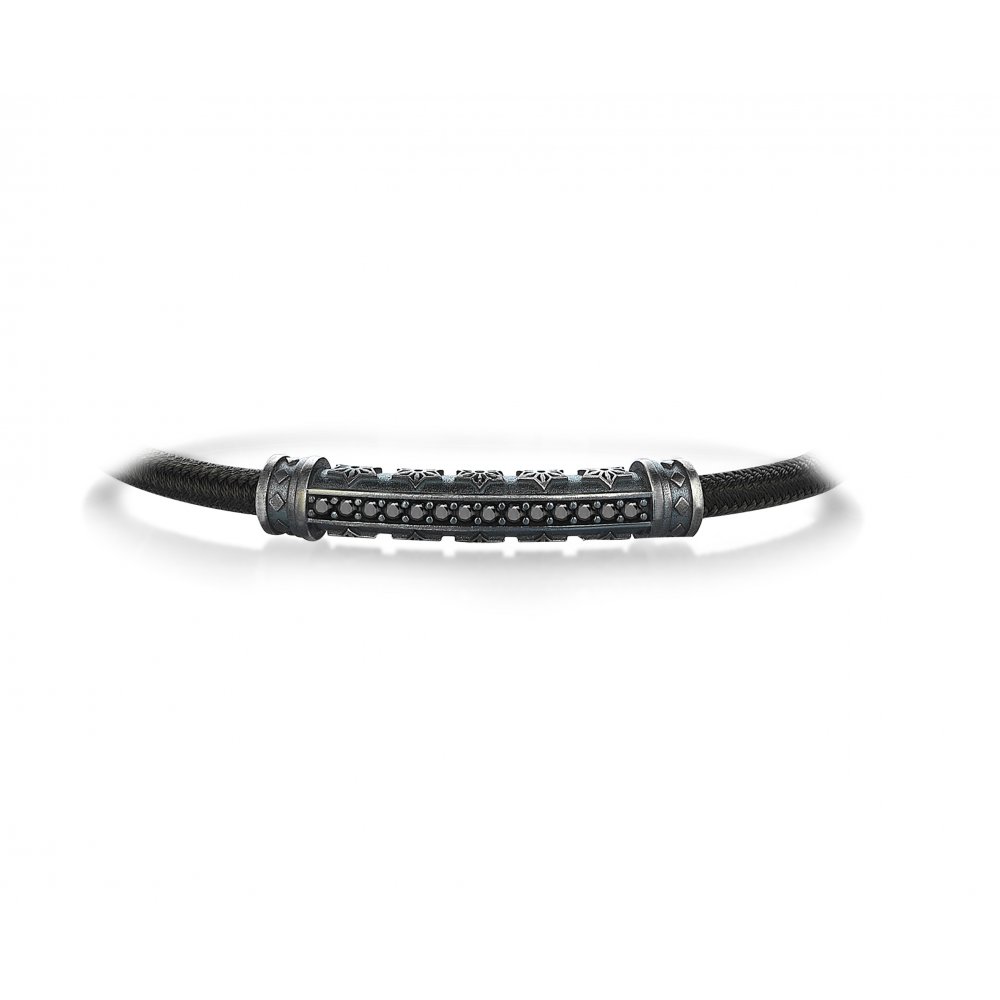 Green Knitted Cord Bracelet in Silver w/ Black Cz