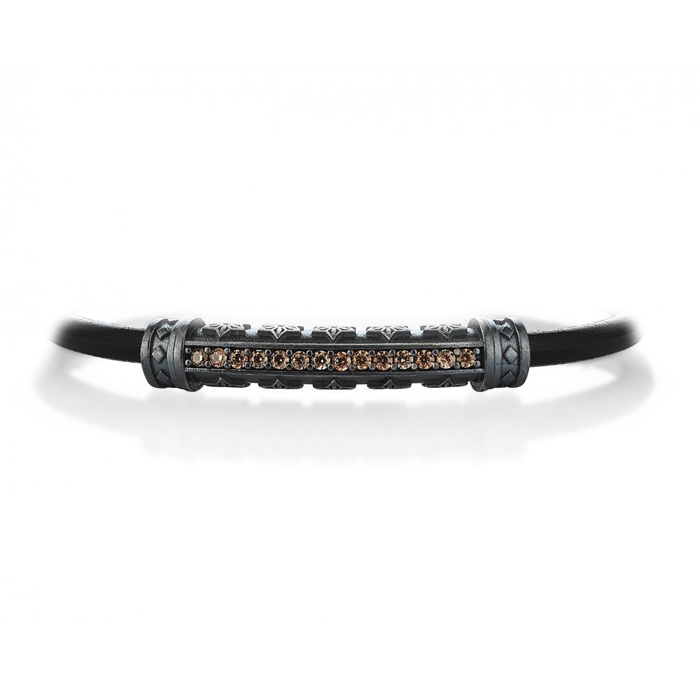 Black Natural Leather Bracelet in Silver w/ Champagne Cz