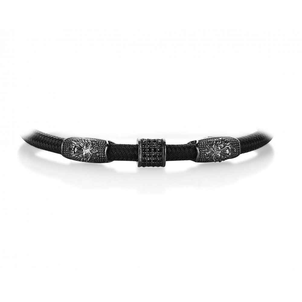 Green Knitted Cord Lion Bracelet in Silver w/ Black Cz