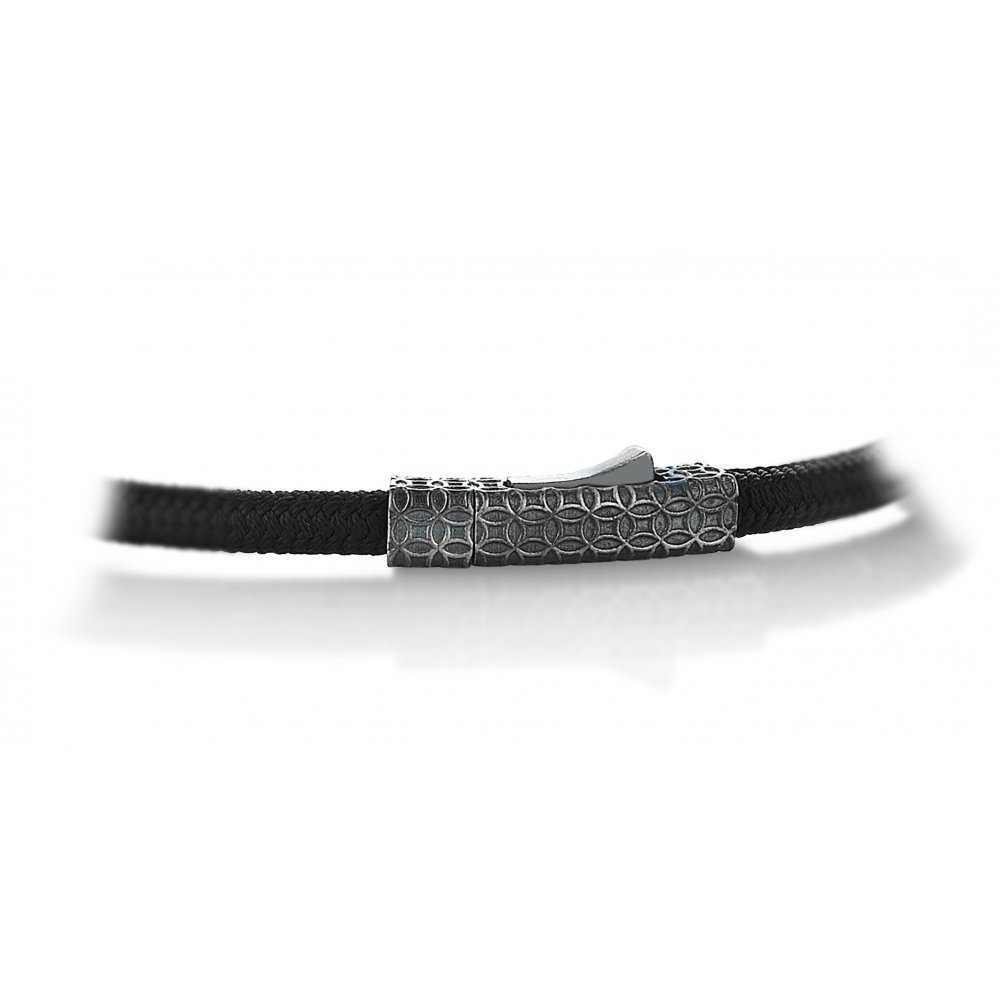 Black Knitted Cord Fleur-de-lis Bracelet in Silver w/ Champagne Cz