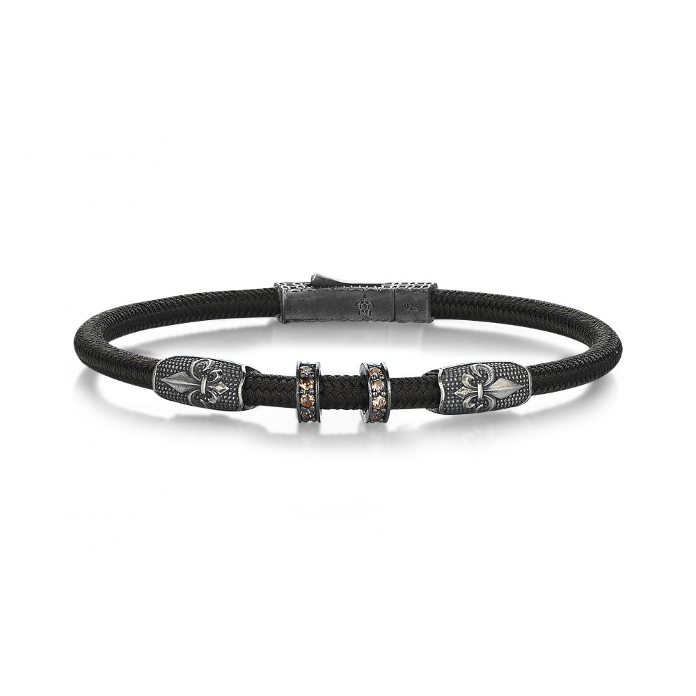 Green Knitted Cord Fleur-de-lis Bracelet in Silver w/ Champagne Cz