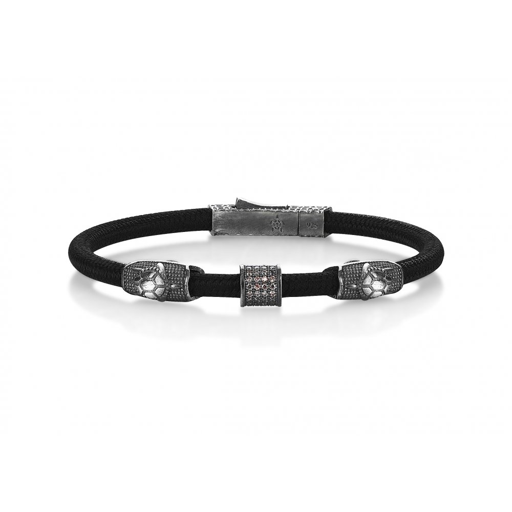 Black Knitted Cord Turtle Bracelet in Silver w/ Champagne Cz