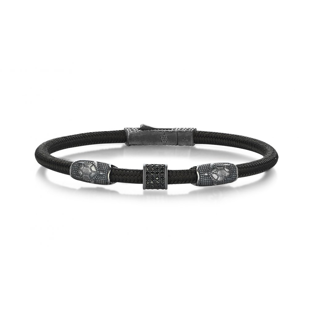 Green Knitted Cord Turtle Bracelet in Silver w/ Black Cz