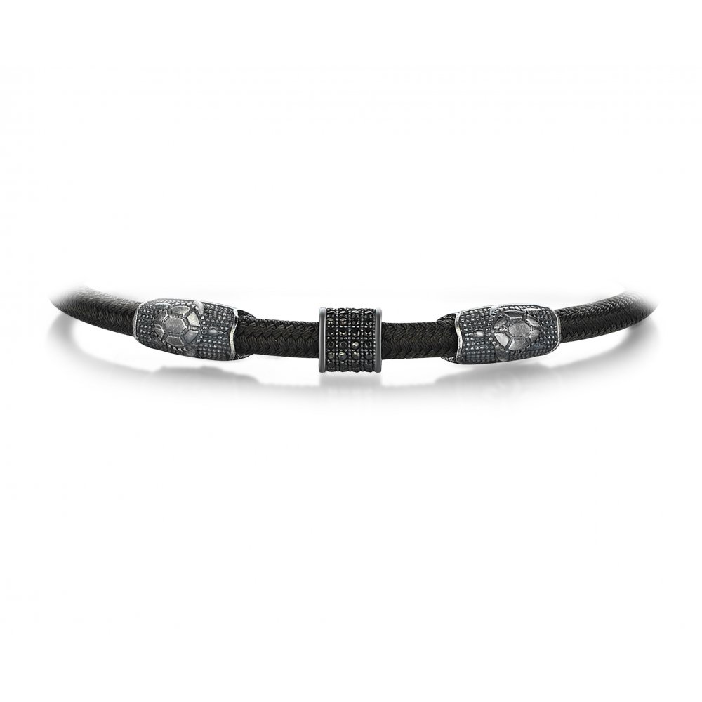 Green Knitted Cord Turtle Bracelet in Silver w/ Black Cz
