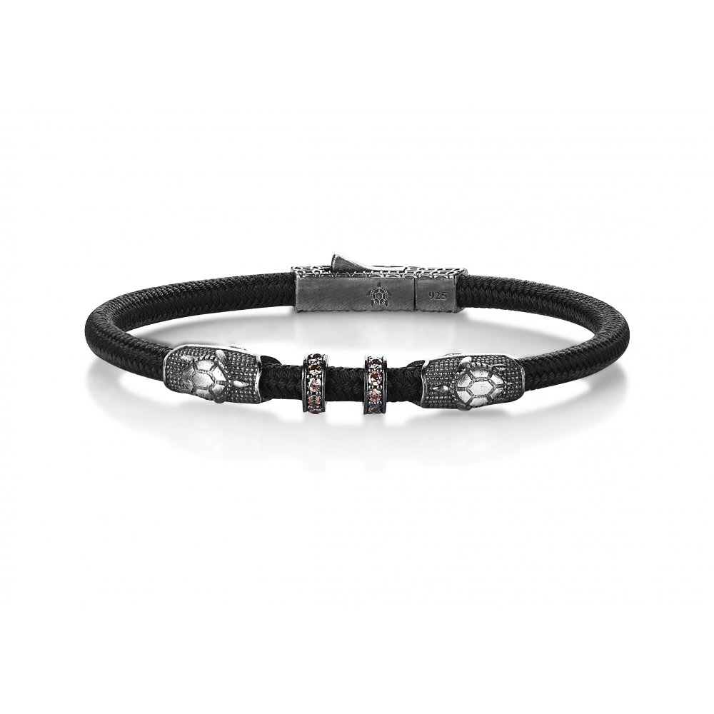 Green Knitted Cord Turtle Bracelet in Silver w/ Champagne Cz