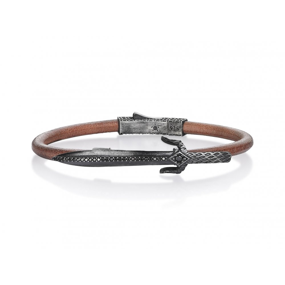 Camel Natural Leather Sword Bracelet in Silver w/ Black Cz