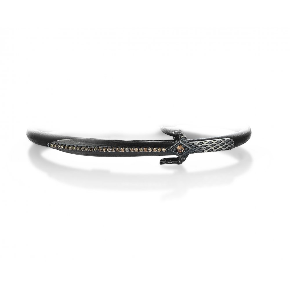 Black Natural Leather Sword Bracelet in Silver w/ Champagne Cz