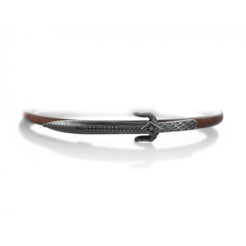 Brown Natural Leather Sword Bracelet in Silver w/ Black Cz