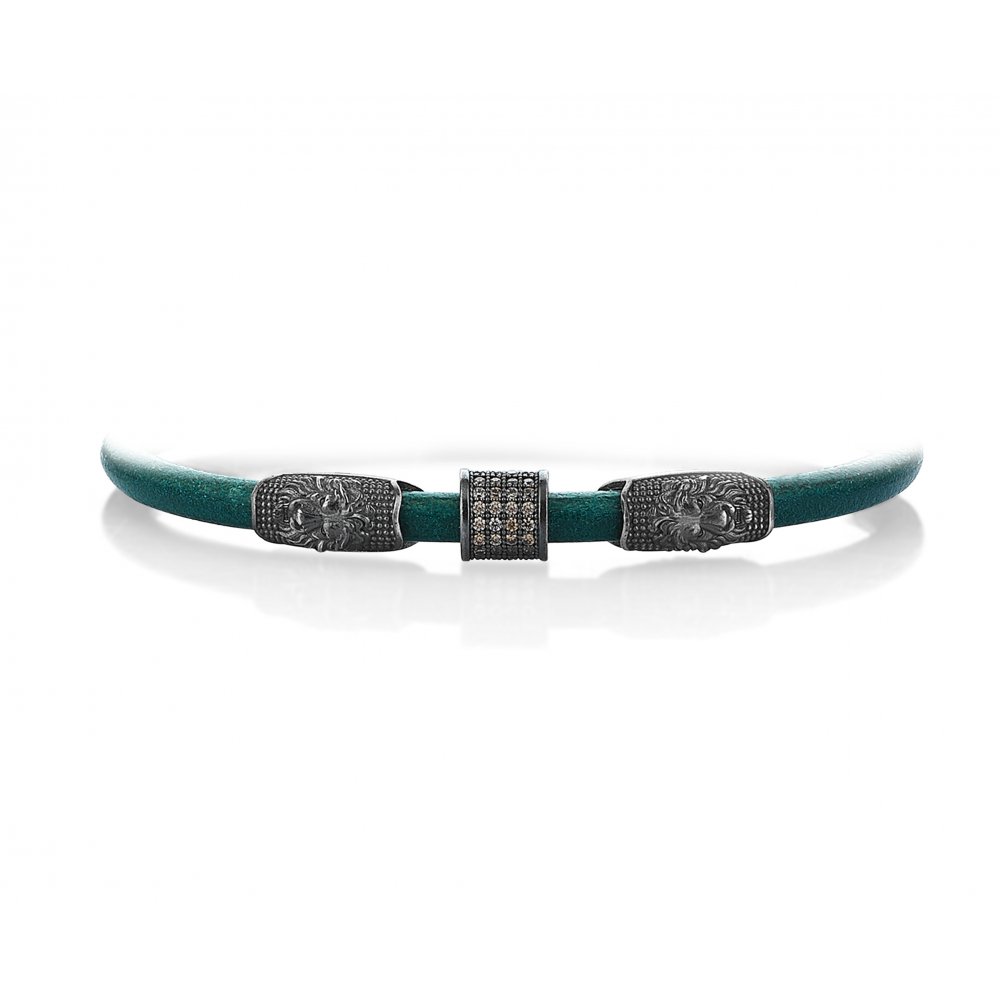 Turquoise Natural Leather Lion Bracelet in Silver w/ Champagne Cz