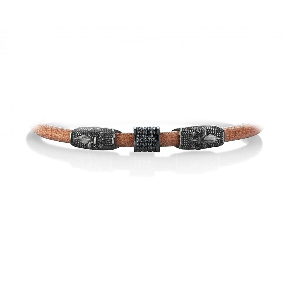Camel Natural Leather Fleur-de-lis Bracelet in Silver w/ Black Cz
