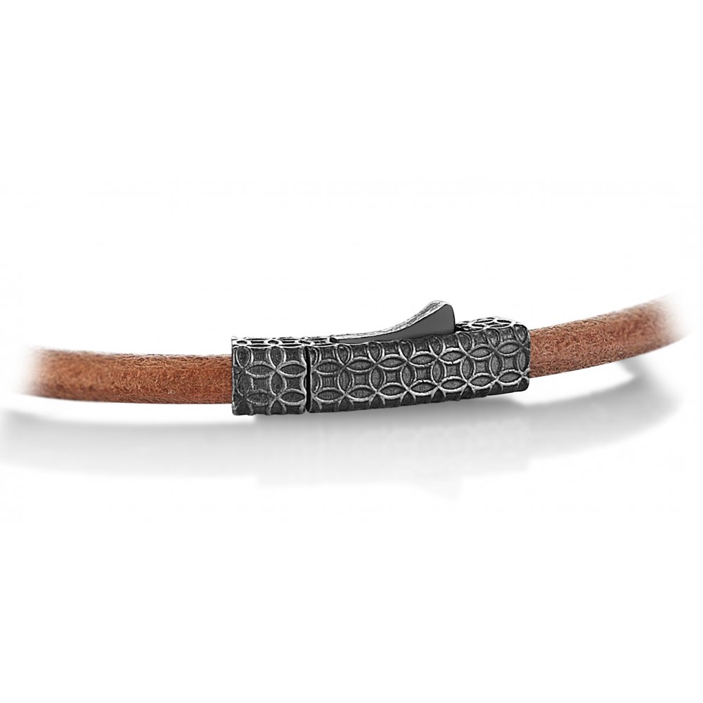 Camel Natural Leather Fleur-de-lis Bracelet in Silver w/ Black Cz