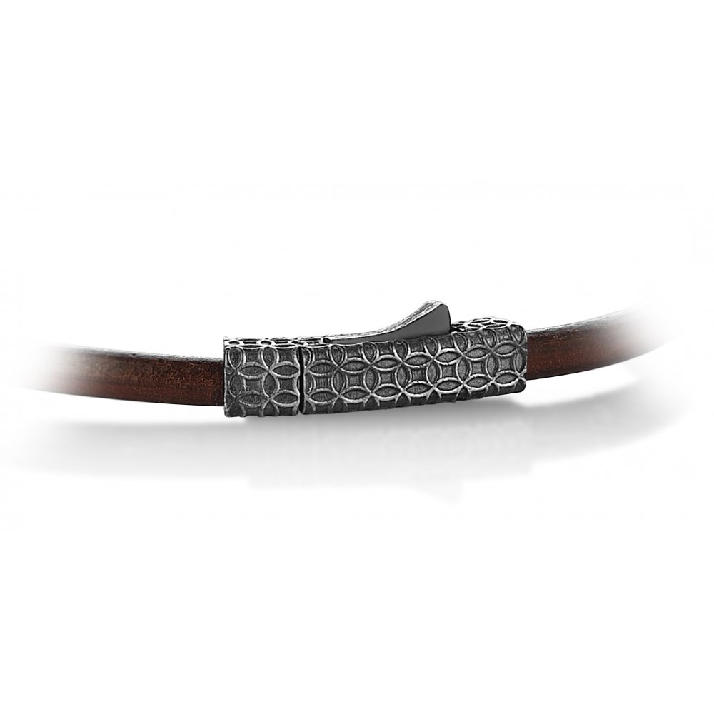 Brown Natural Leather Fleur-de-lis Bracelet in Silver w/ Black Cz