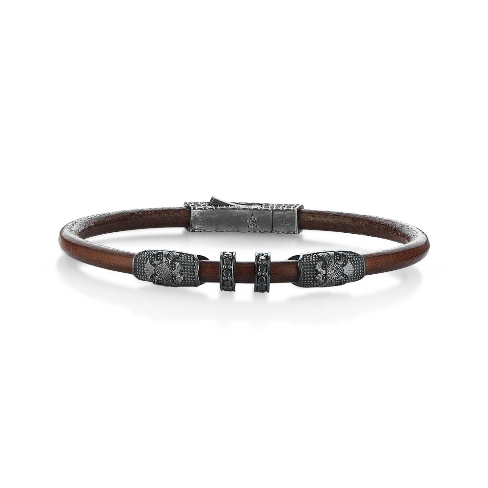 Brown Natural Leather Double-Headed Eagle Bracelet in Silver w/ Black Cz