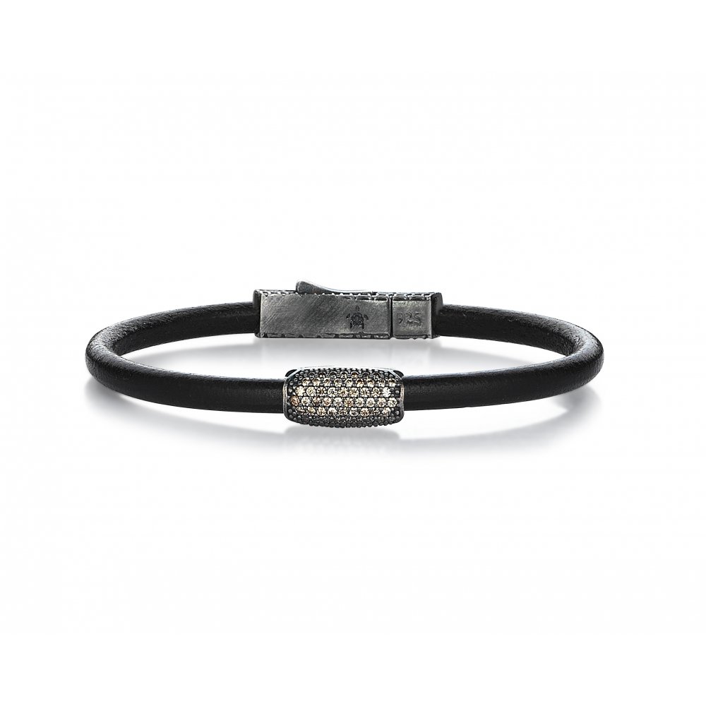 Black Natural Leather Style Bracelet in Silver w/ Champagne Cz