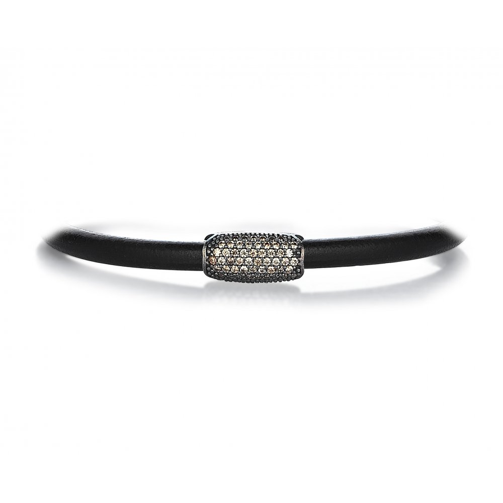 Black Natural Leather Style Bracelet in Silver w/ Champagne Cz