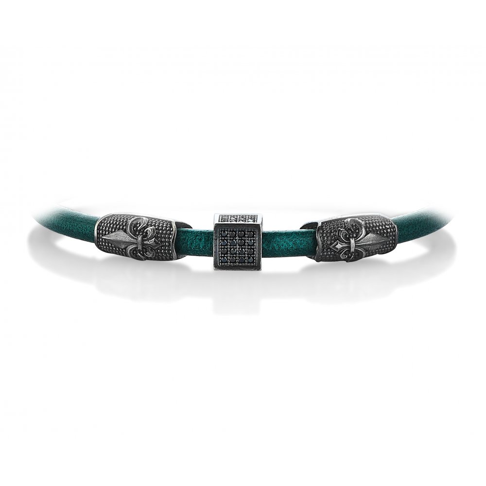 Turquoise Natural Leather Fleur-de-lis Bracelet in Silver w/ Black Cz