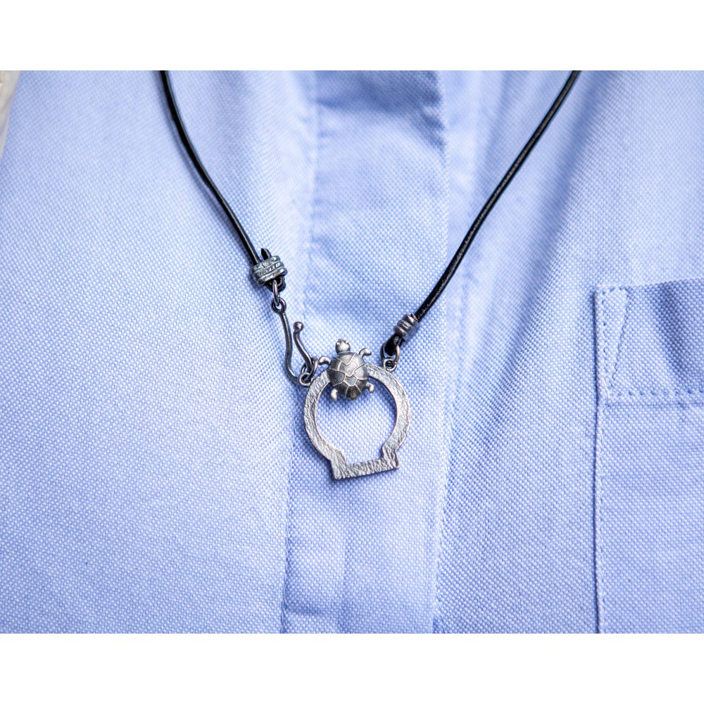 Oxidised Silver Glass Holder Necklace w/ Natural Leather