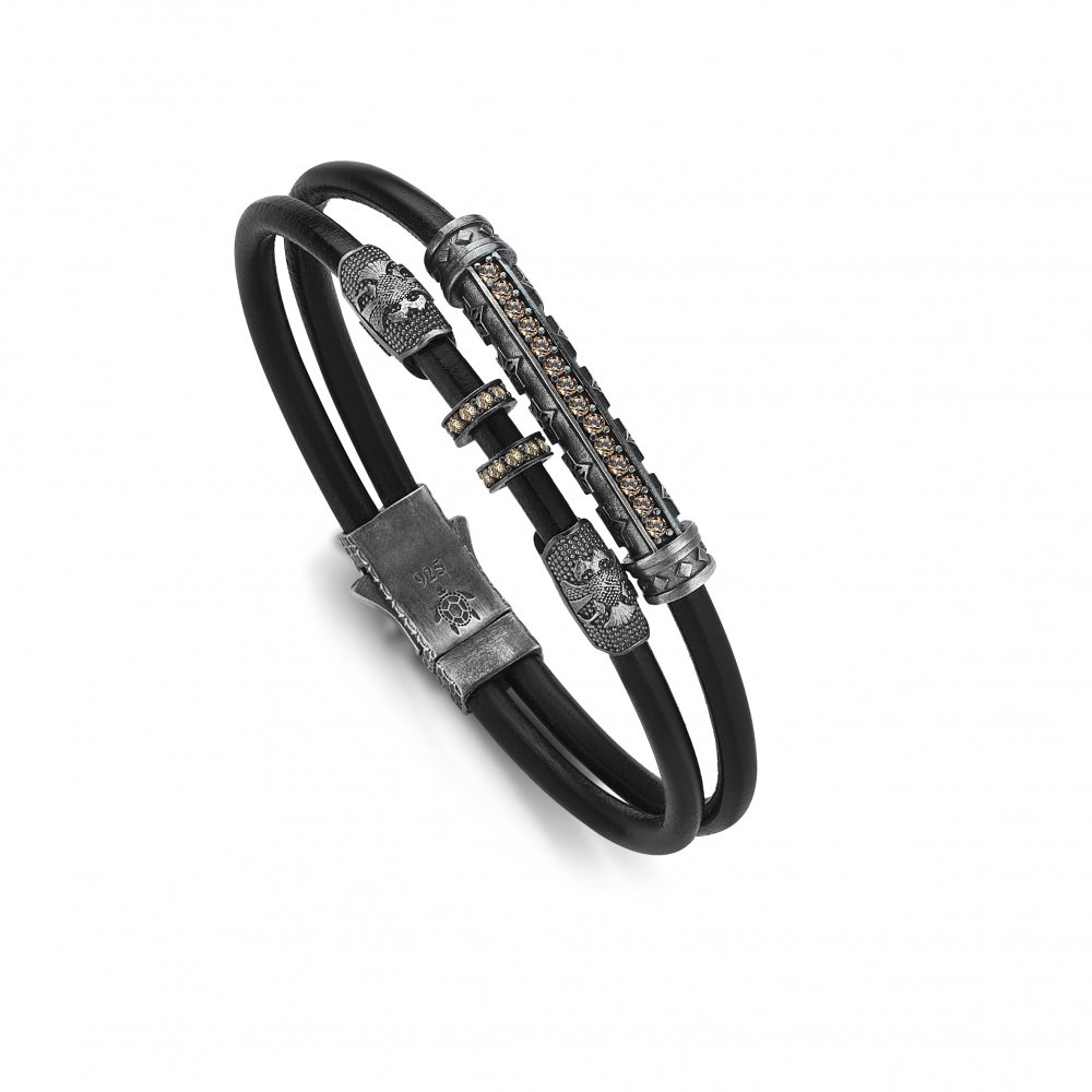 Double Wrap Black Natural Leather Bracelet in Silver w/ Champagne Cz