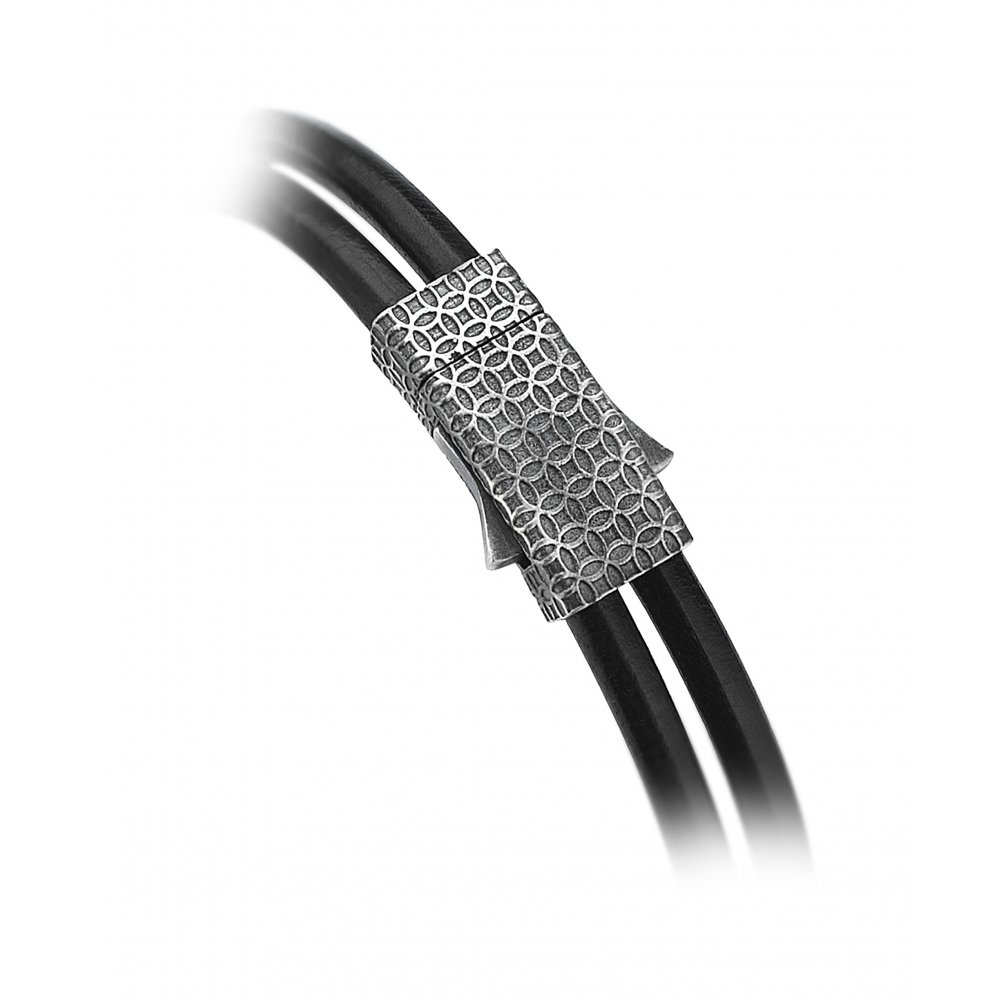 Double Wrap Black Natural Leather Bracelet in Silver w/ Champagne Cz