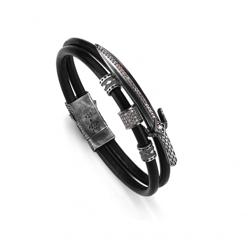 Double Wrap Black Natural Leather Sword Bracelet in Silver w/ Champagne Cz