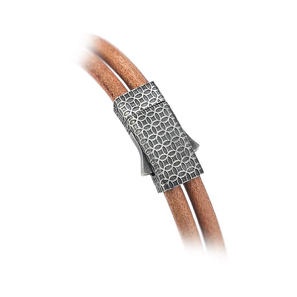 Double Wrap Camel Natural Leather Bracelet in Silver w/ Black Cz