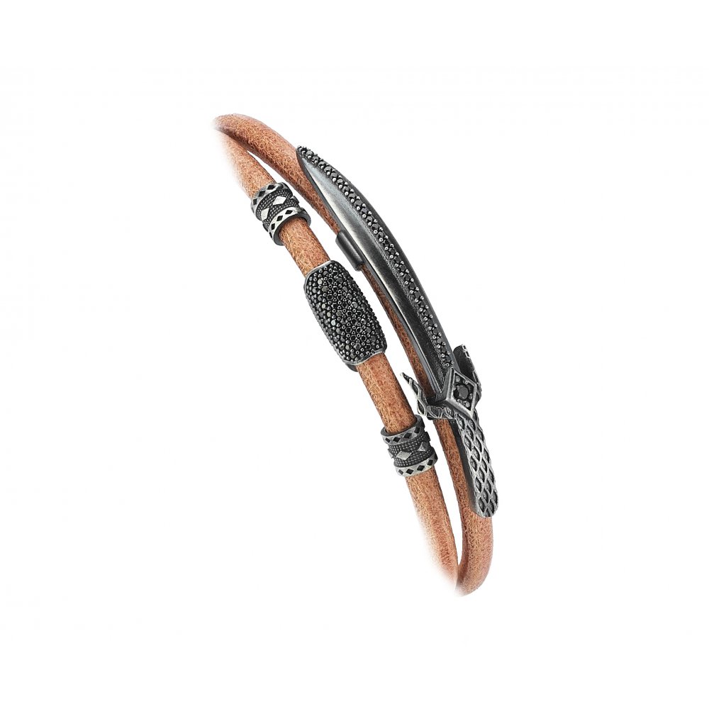 Double Wrap Camel Natural Leather Sword Bracelet in Silver w/ Black Cz