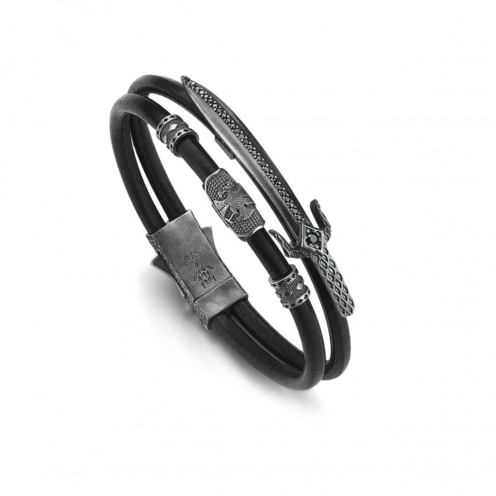 Double Wrap Black Natural Leather Sword Bracelet in Silver w/ Black Cz
