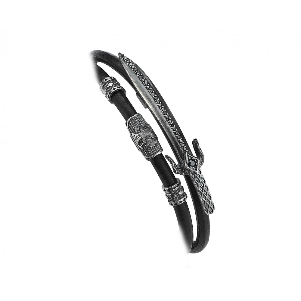 Double Wrap Black Natural Leather Sword Bracelet in Silver w/ Black Cz