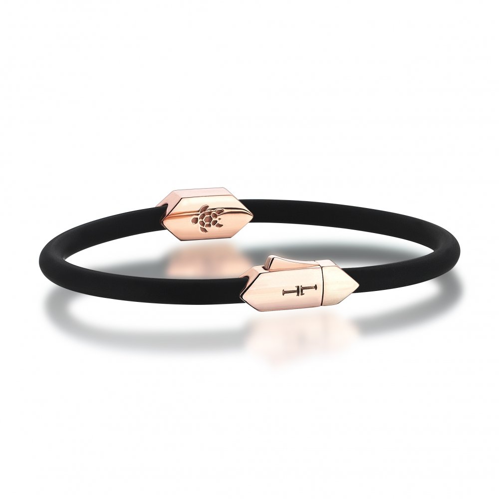 Silver Mono Hectagon Black Rubber Bracelet in Rose, 4mm