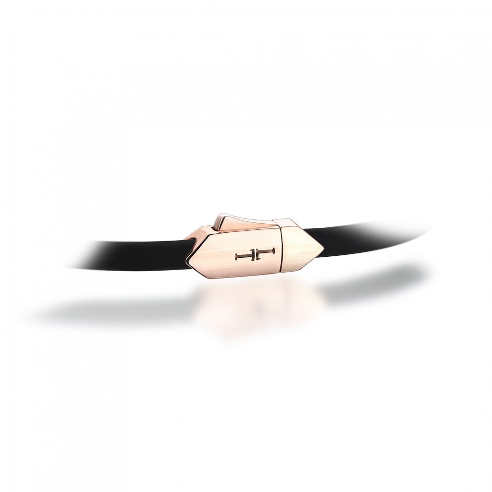 Silver Mono Hectagon Black Rubber Bracelet in Rose, 4mm