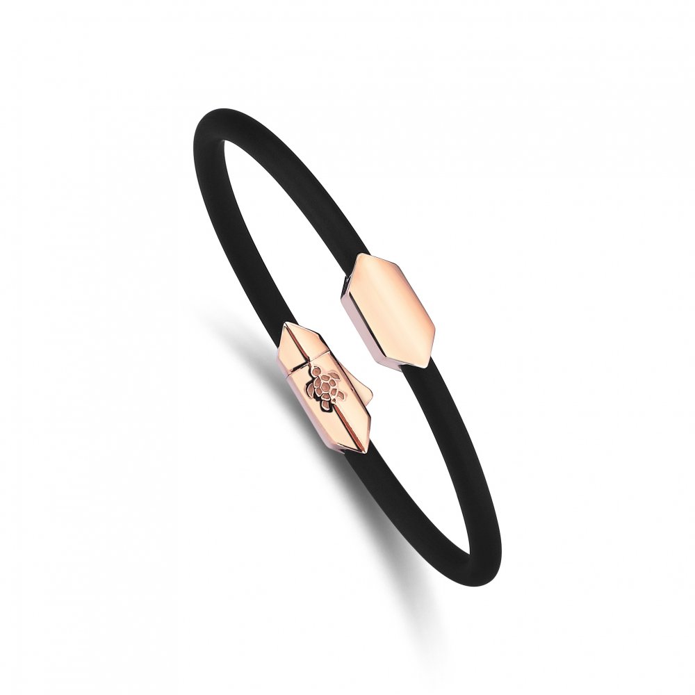 Silver Mono Hectagon Black Rubber Bracelet in Rose, 4mm