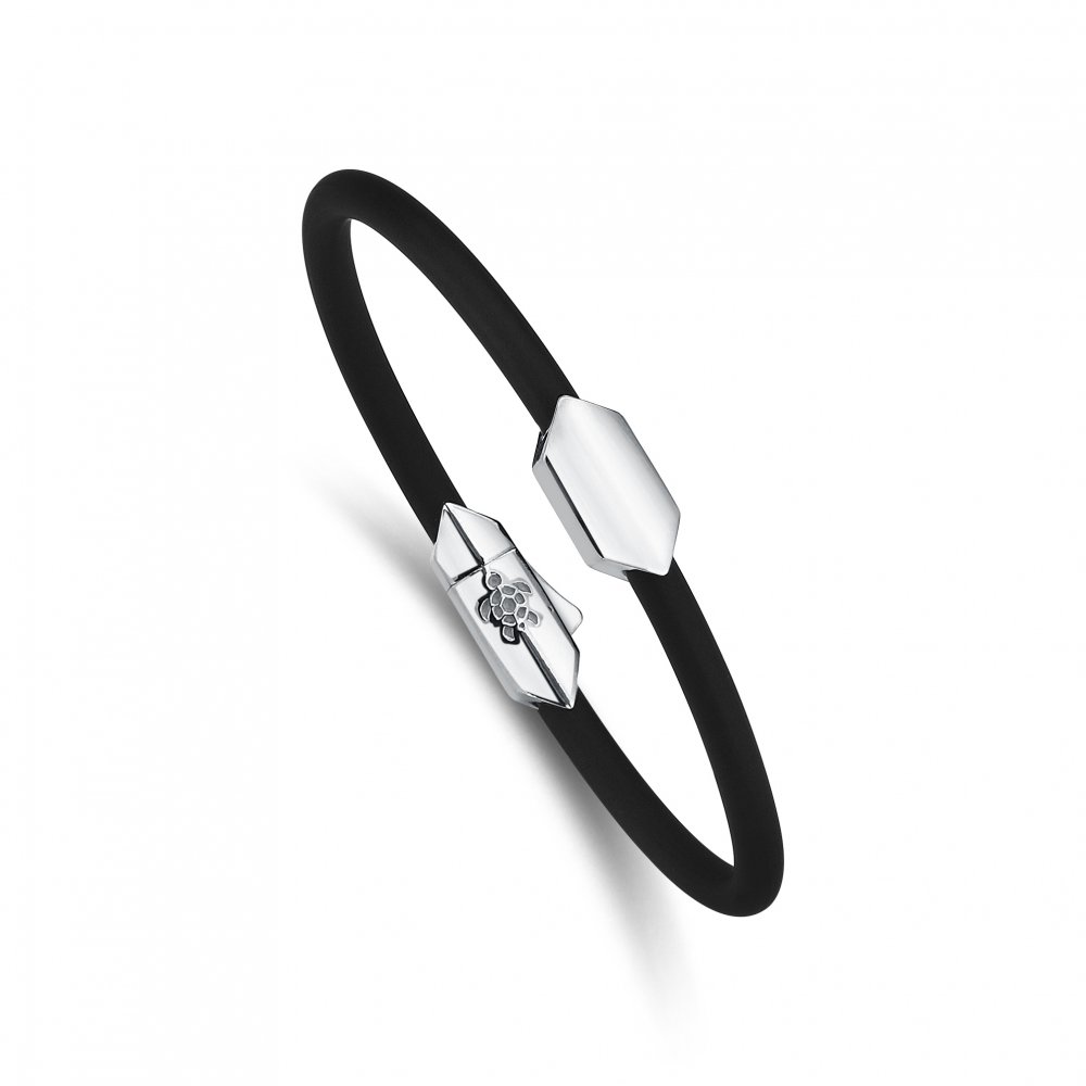 Sterling Silver Mono Hectagon Black Rubber Bracelet, 4mm