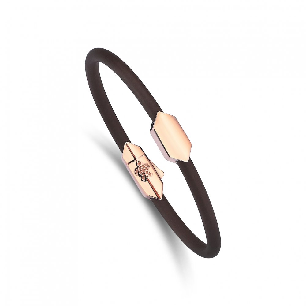 Silver Mono Hectagon Brown Rubber Bracelet in Rose, 4mm