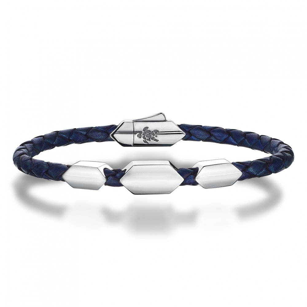 Triple Hectagon Blue Mesh Leather Bracelet in Sterling Silver, 4mm