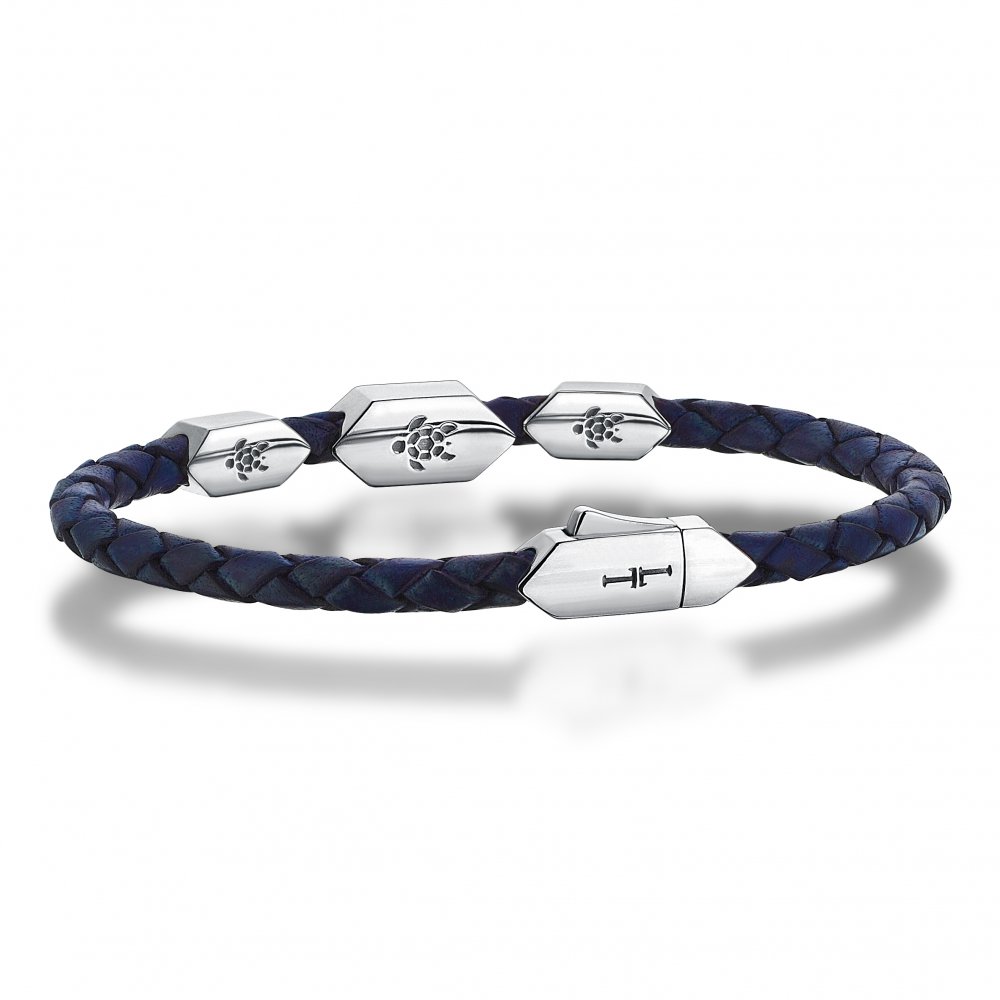 Triple Hectagon Blue Mesh Leather Bracelet in Sterling Silver, 4mm