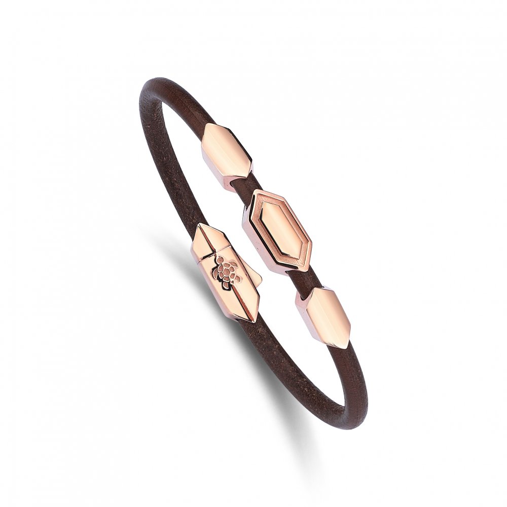 Silver Triple Hectagon Natural Leather Bracelet in Rose, 4mm