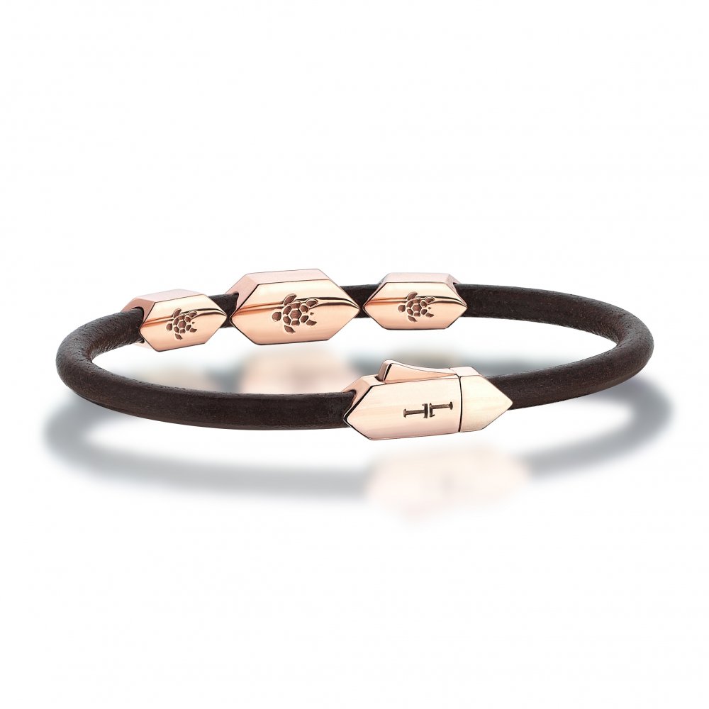 Silver Triple Hectagon Natural Leather Bracelet in Rose, 4mm