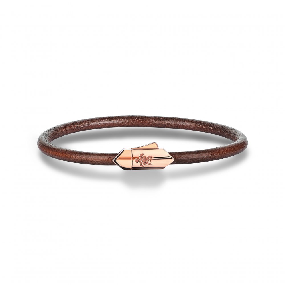 Silver Hectagon Lock Natural Leather Bracelet in Rose, 4mm
