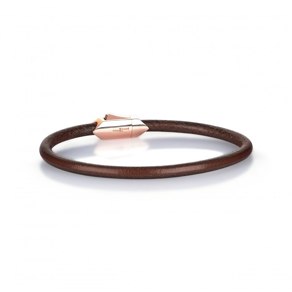 Silver Hectagon Lock Natural Leather Bracelet in Rose, 4mm